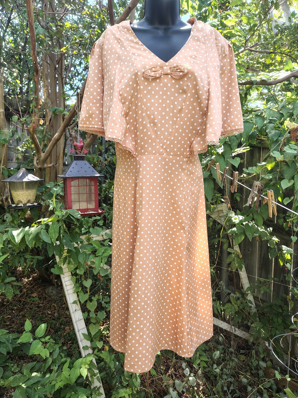 Hell Bunny Peach Polka Dot Midi Dress with Capelet